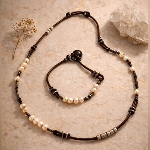 Retired Signed Silpada 925 Sterling Freshwater Pearl Leather Necklace + Bracelet